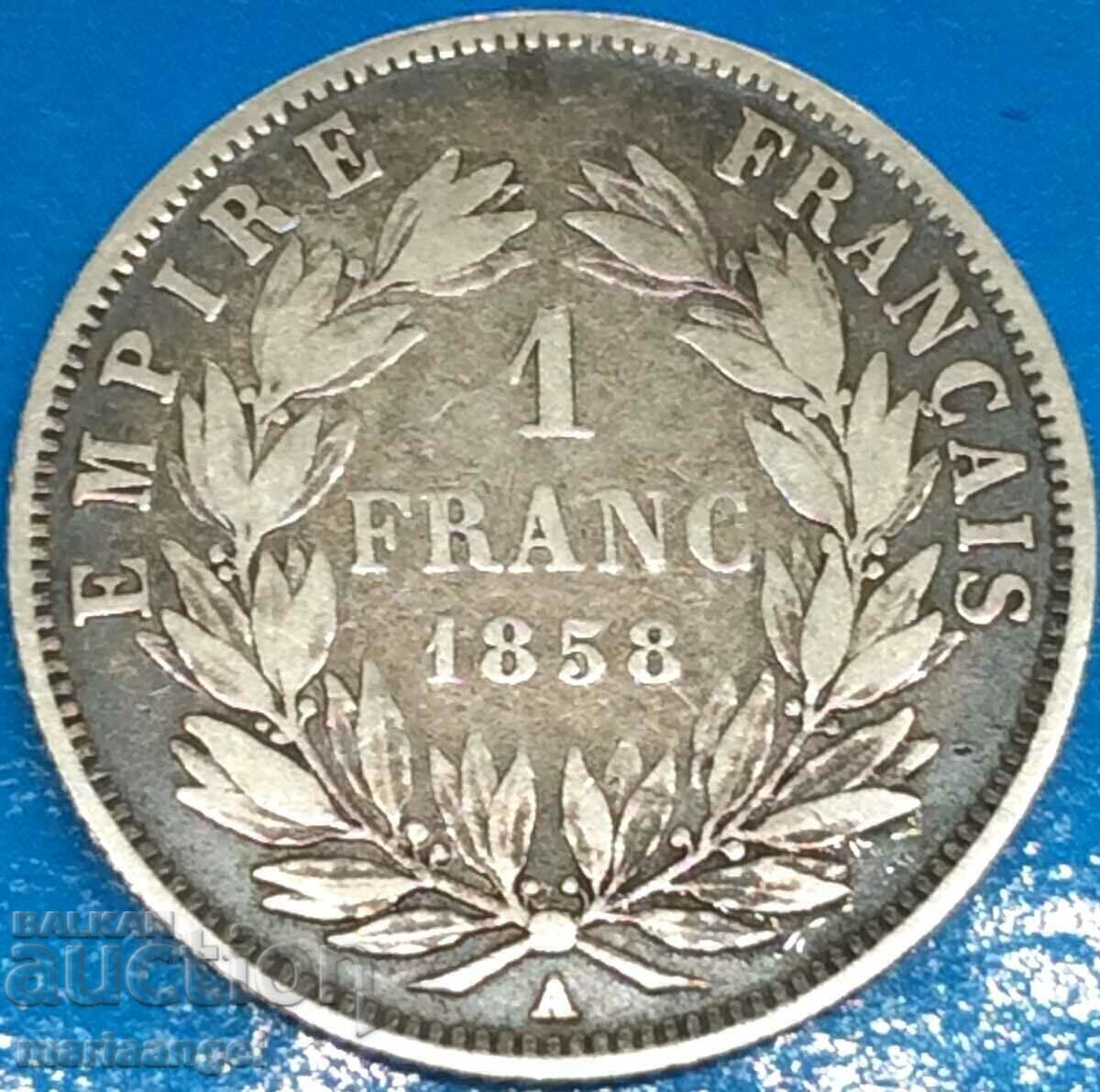 Napoleon III 1 Franc 1858 France Silver Patina - Rare Napoleon III 1 Franc 1858 France Silver Patina - Rare