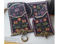 Goblen vintage brodat, lung pentru perete, cu mânere din alamă