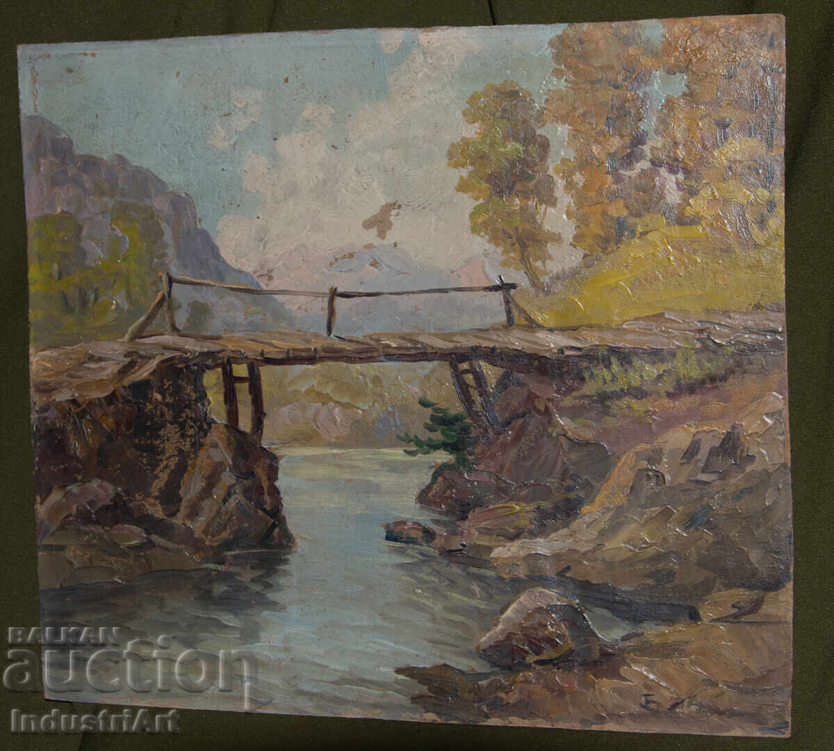 Παλιό μικρό ελαιογραφία, σκηνή καθημερινής ζωής, ορεινή γέφυρα με τιμή 170.00 BGN | € 86.92