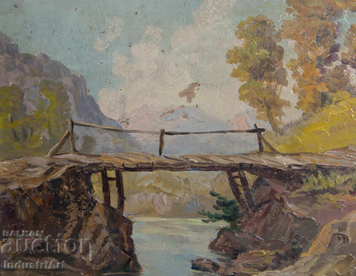 Παράδοση Παλιό μικρό ελαιογραφία, σκηνή καθημερινής ζωής, ορεινή γέφυρα