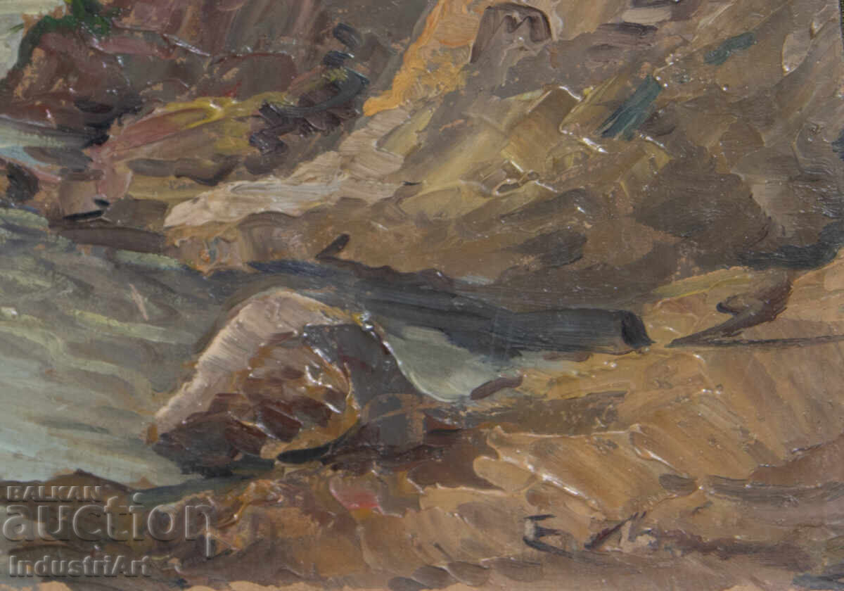 Παλιό μικρό ελαιογραφία, σκηνή καθημερινής ζωής, ορεινή γέφυρα - 5