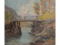 Old small oil painting, genre scene, mountain bridge
