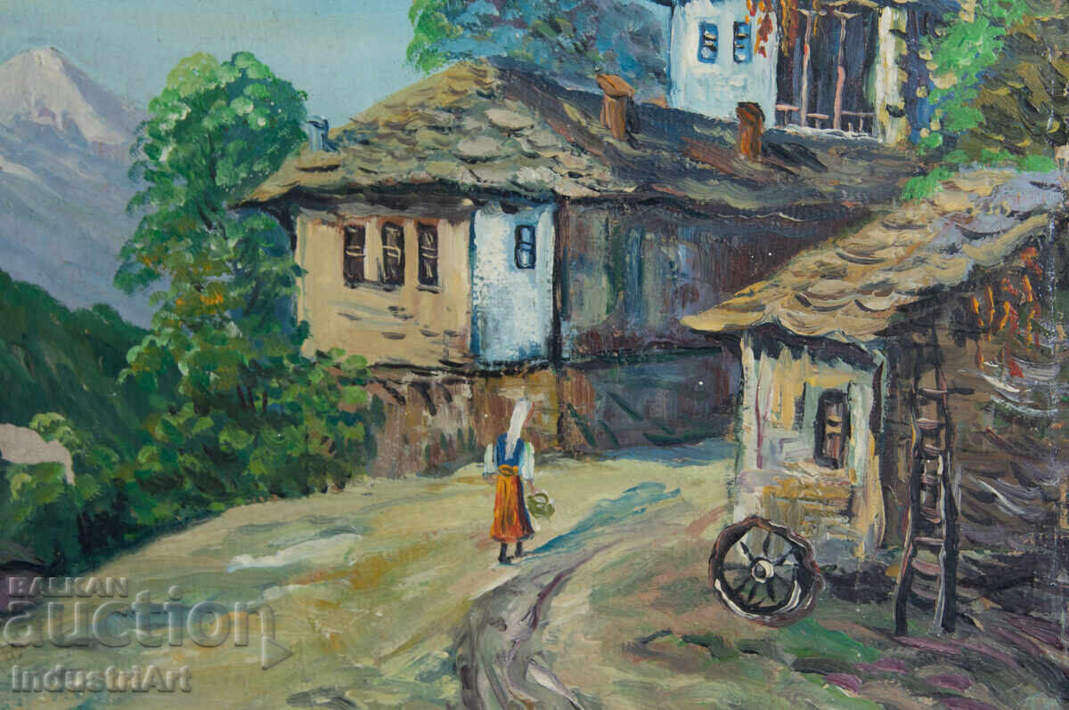 Delivery of Old oil painting, genre scene, village landscape