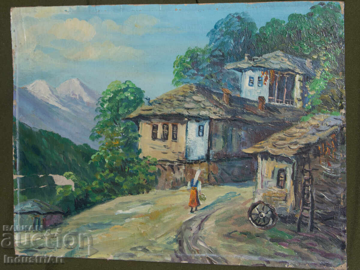 Old oil painting, genre scene, village landscape - 5