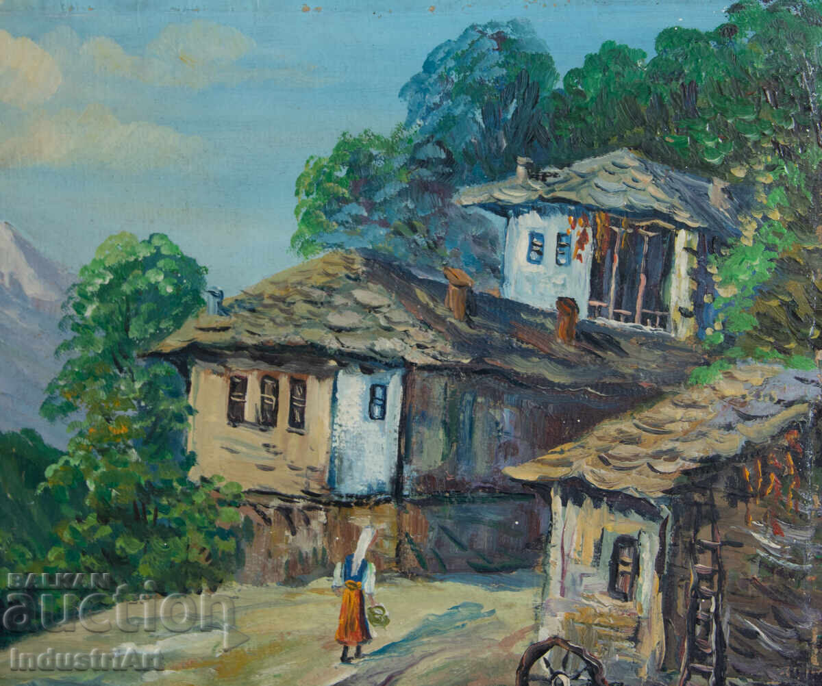 Old oil painting, genre scene, village landscape - 6