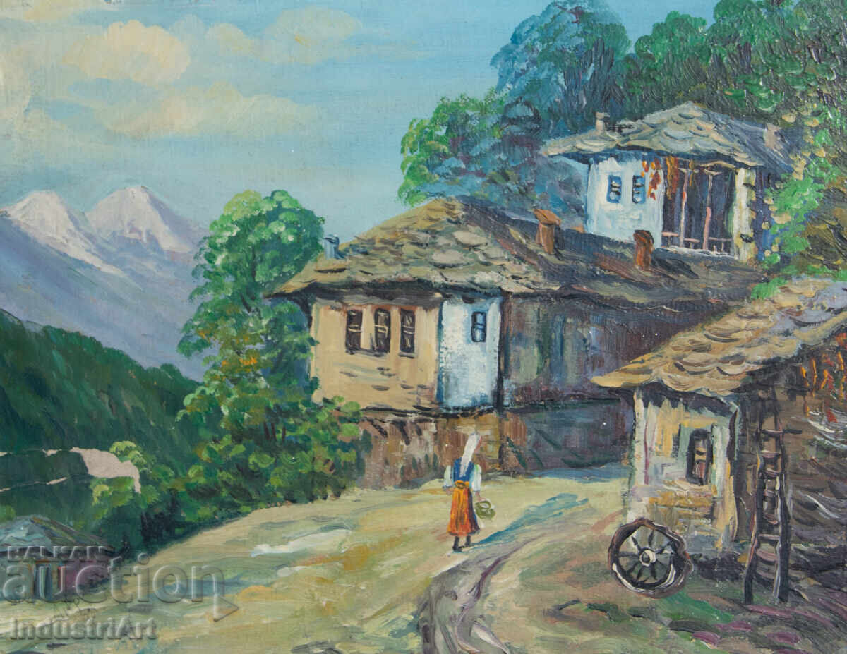 Old oil painting, genre scene, village landscape