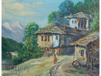 Παλιός ελαιογραφικός πίνακας, σκηνή της υπαίθρου, χωριό
