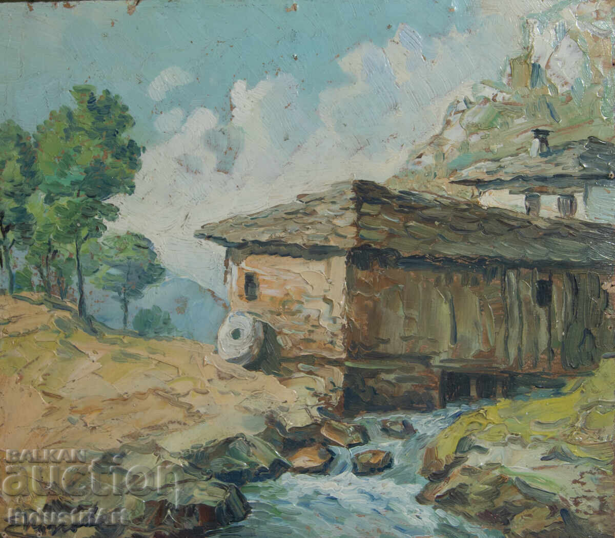 Δημοπρασία Παλιό μικρό ελαιογραφία, σκηνή καθημερινής ζωής, ορεινό ποτάμι