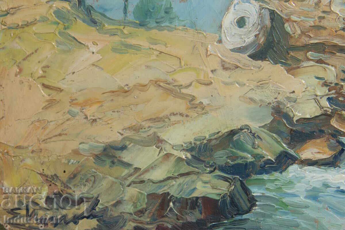 Παράδοση Παλιό μικρό ελαιογραφία, σκηνή καθημερινής ζωής, ορεινό ποτάμι