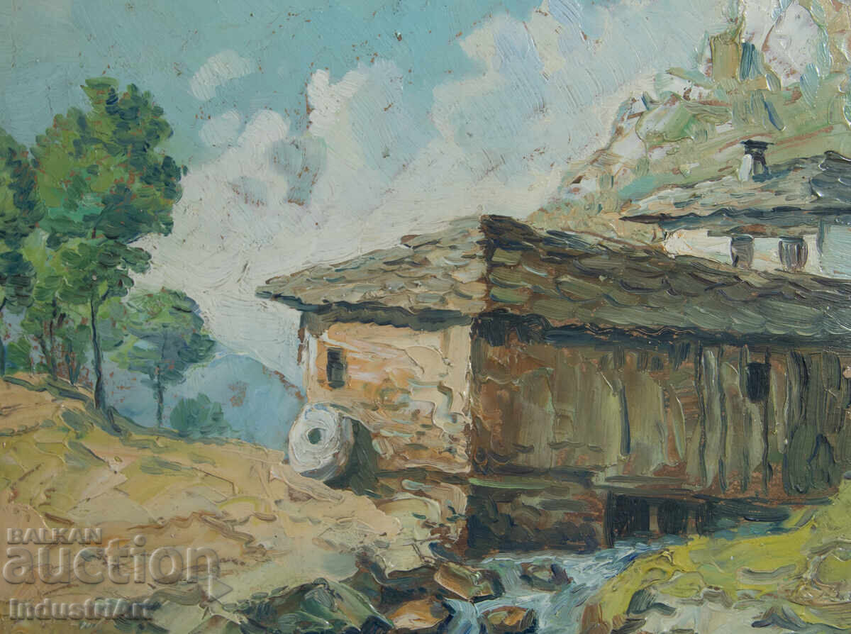 Παλιό μικρό ελαιογραφία, σκηνή καθημερινής ζωής, ορεινό ποτάμι - 5