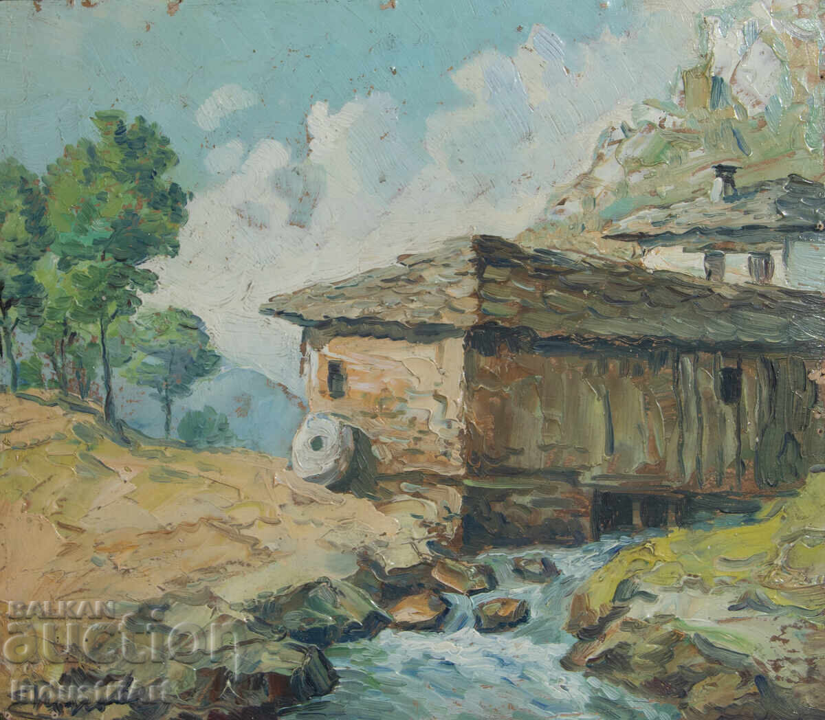 Παλιό μικρό ελαιογραφία, σκηνή καθημερινής ζωής, ορεινό ποτάμι