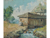 Παλιό μικρό ελαιογραφία, σκηνή καθημερινής ζωής, ορεινό ποτάμι