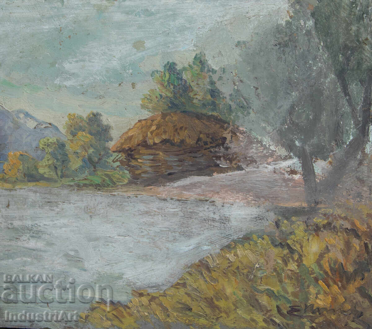 Παλιό μικρό ελαιογραφία, σκηνή καθημερινής ζωής