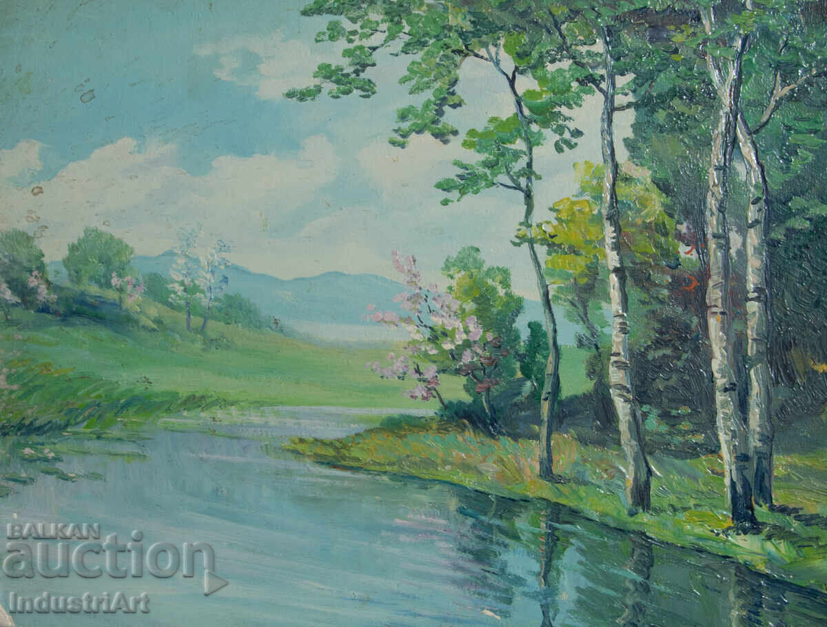 Pictură veche în ulei, peisaj de primăvară cu preț 170.00 BGN | € 86.92