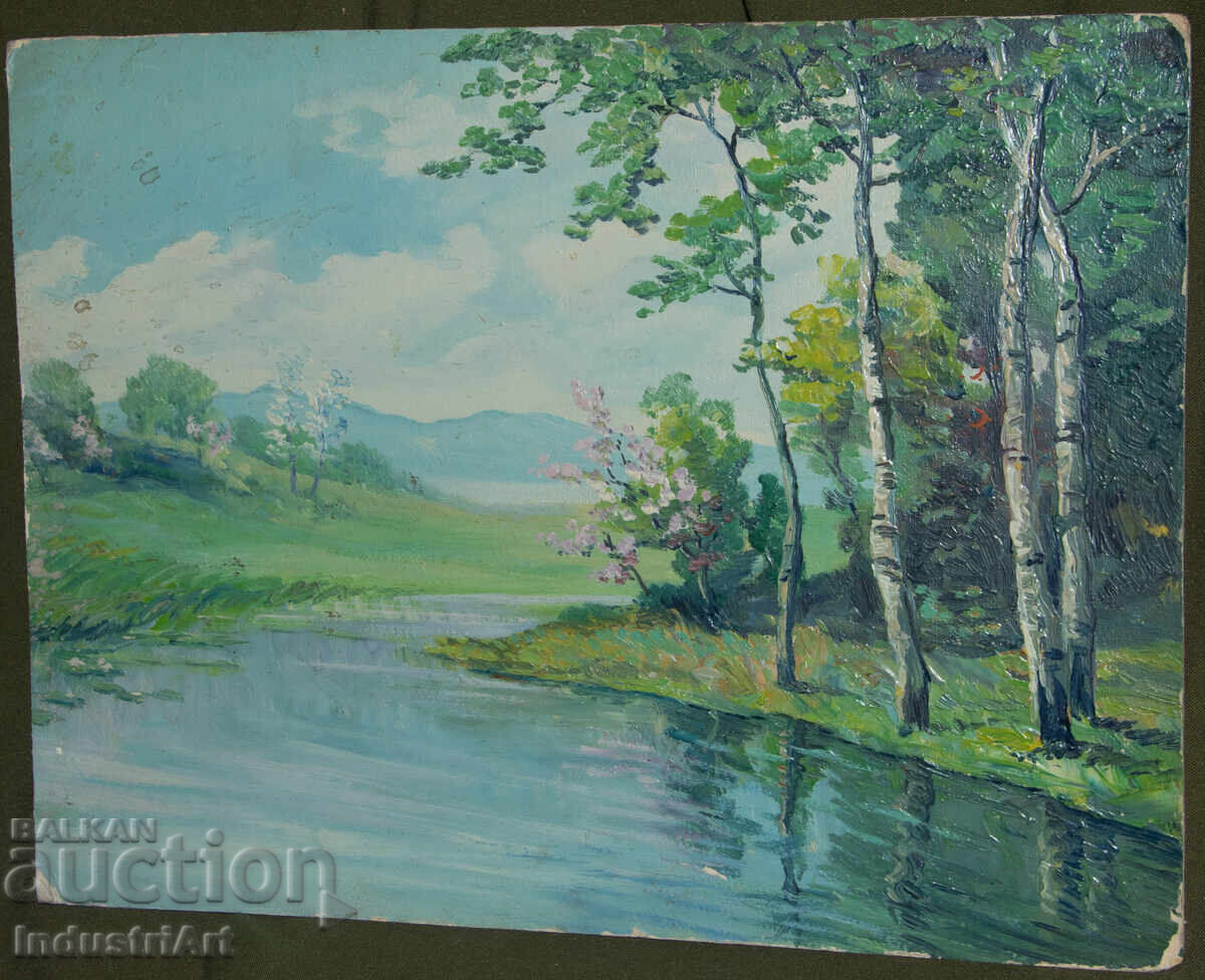 Licitație Pictură veche în ulei, peisaj de primăvară