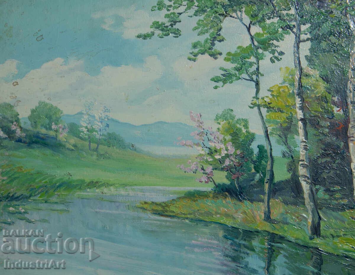 Livrarea Pictură veche în ulei, peisaj de primăvară