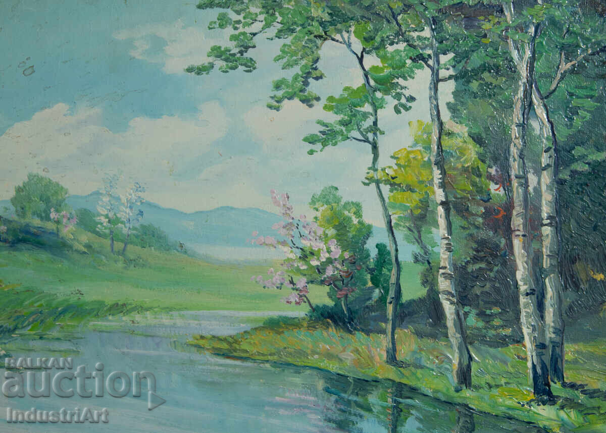 Pictură veche în ulei, peisaj de primăvară - 5