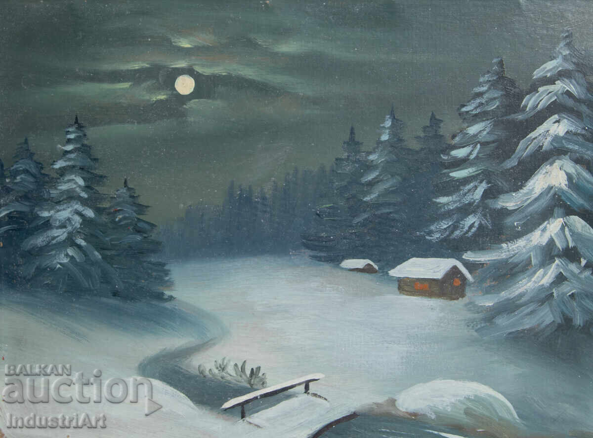 Δημοπρασία Παλιός ελαιογραφία χειμερινό νυχτερινό τοπίο Δημοπρασία Παλιός ελαιογραφία χειμερινό νυχτερινό τοπίο