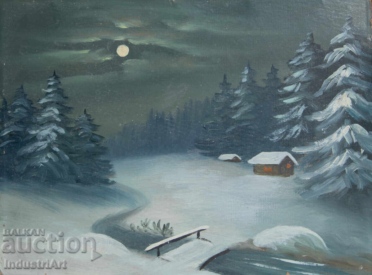 Παλιός ελαιογραφία χειμερινό νυχτερινό τοπίο Παλιός ελαιογραφία χειμερινό νυχτερινό τοπίο