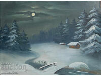 Old oil painting winter night landscape