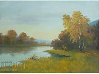 Old oil painting spring landscape river