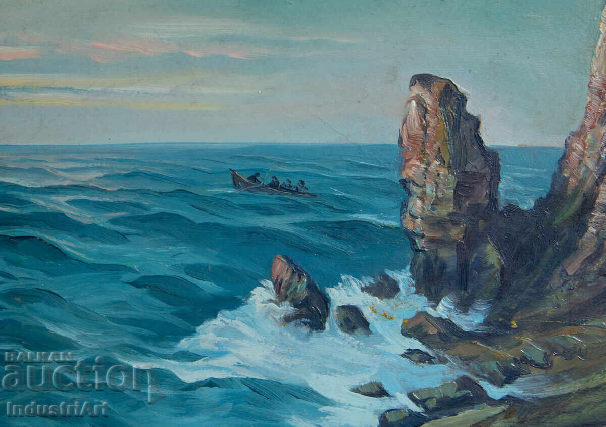 Licitație Tablou vechi în ulei, peisaj marin