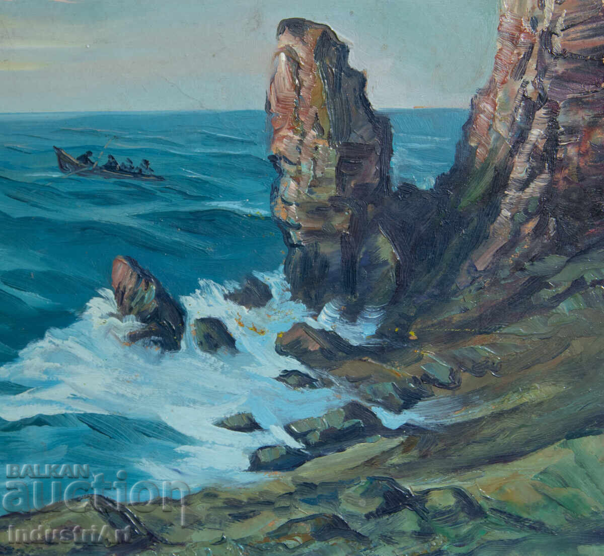 Tablou vechi în ulei, peisaj marin - 5