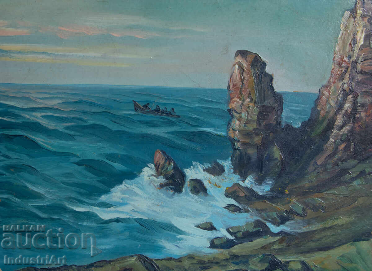 Tablou vechi în ulei, peisaj marin