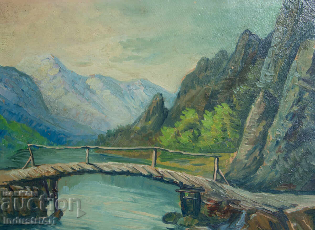 Παλαιό ελαιογραφία, σκηνή χωριού, ορεινή γέφυρα με τιμή 180.00 BGN | € 92.03