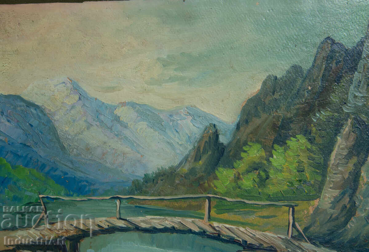 Παράδοση Παλαιό ελαιογραφία, σκηνή χωριού, ορεινή γέφυρα