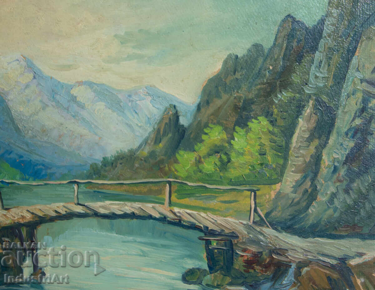 Παλαιό ελαιογραφία, σκηνή χωριού, ορεινή γέφυρα - 6