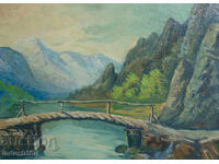 Old oil painting, genre scene, mountain bridge