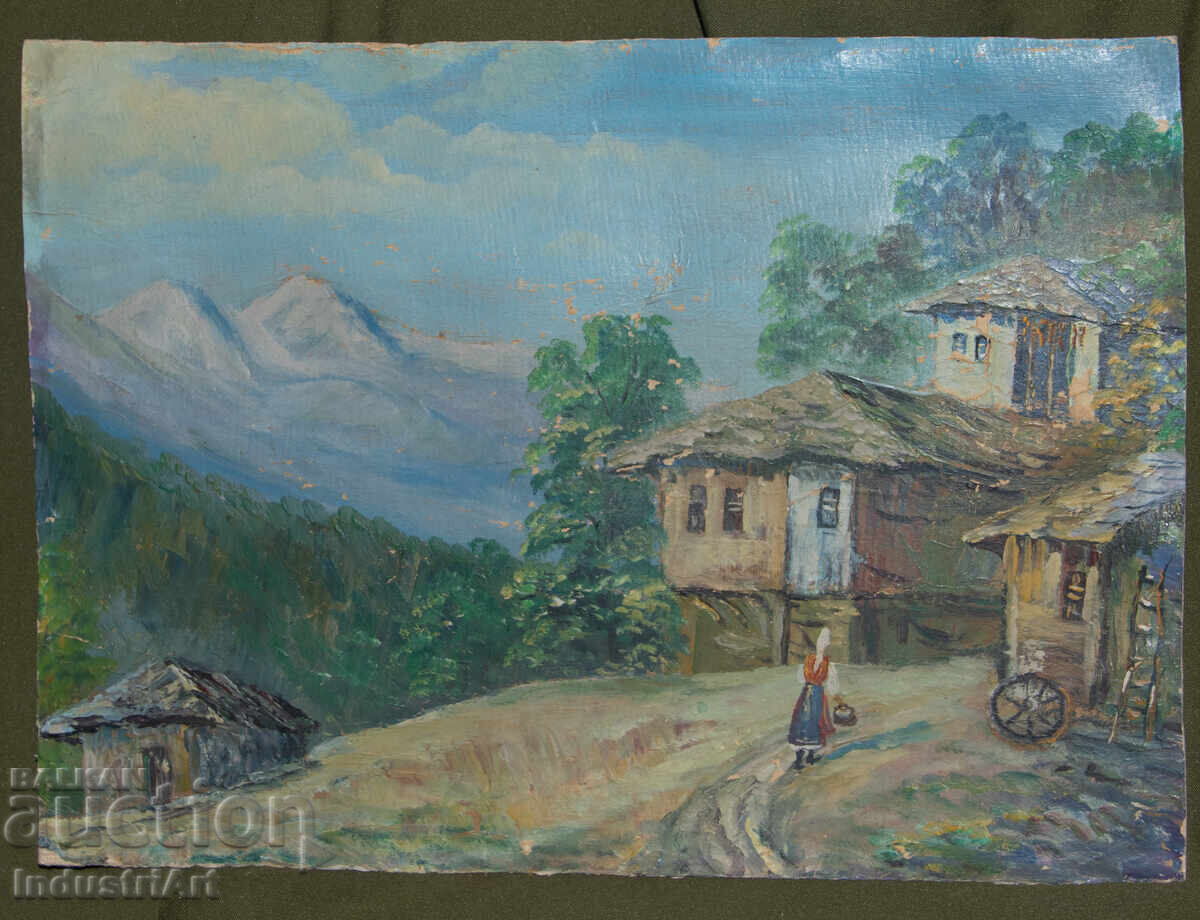 Auction  Old oil painting, genre scene, village landscape