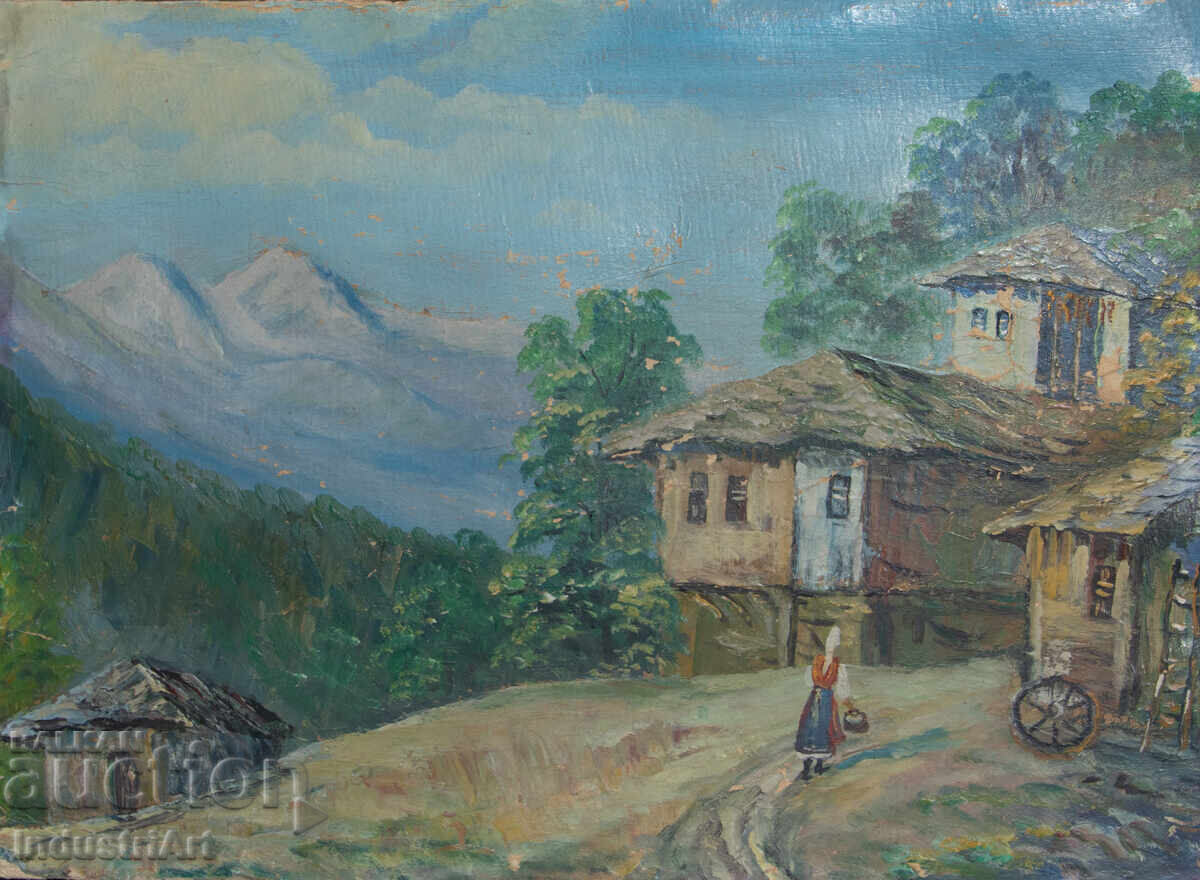 Delivery of Old oil painting, genre scene, village landscape
