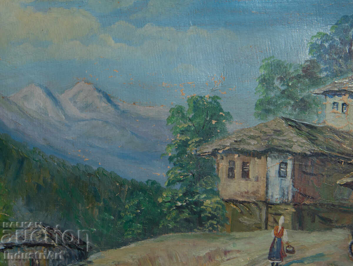 Old oil painting, genre scene, village landscape - 5