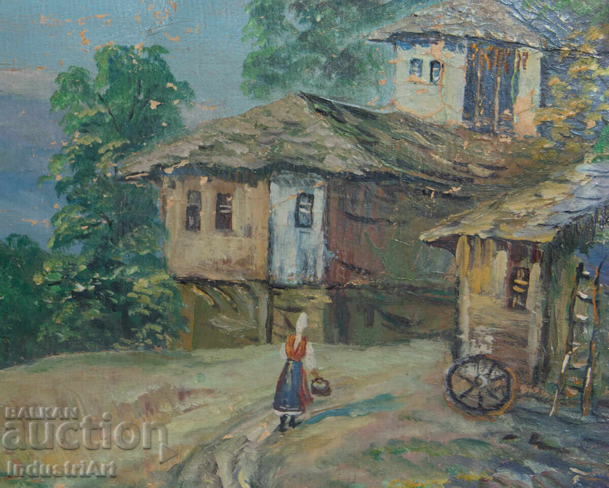 Old oil painting, genre scene, village landscape - 6
