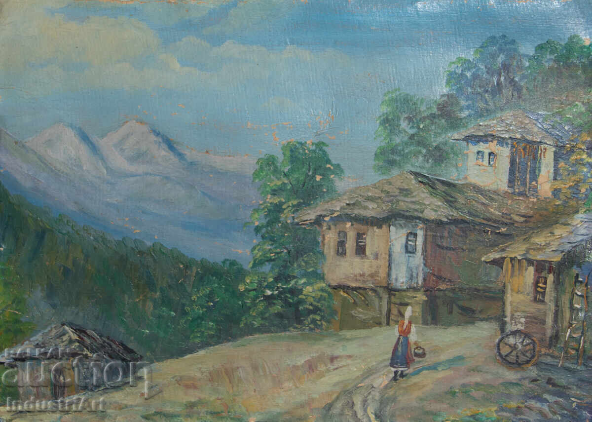 Old oil painting, genre scene, village landscape