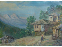 Old oil painting, genre scene, village landscape