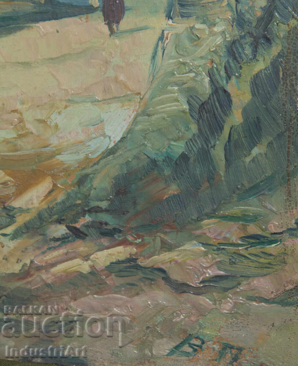 Old oil painting, genre scene, rural landscape, country road - 5