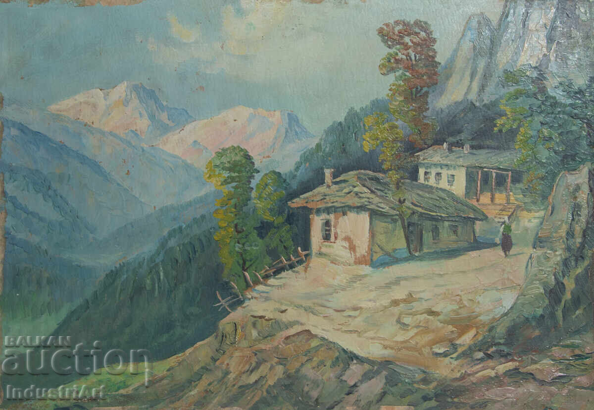 Old oil painting, genre scene, rural landscape, country road