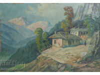 Old oil painting, genre scene, rural landscape, country road