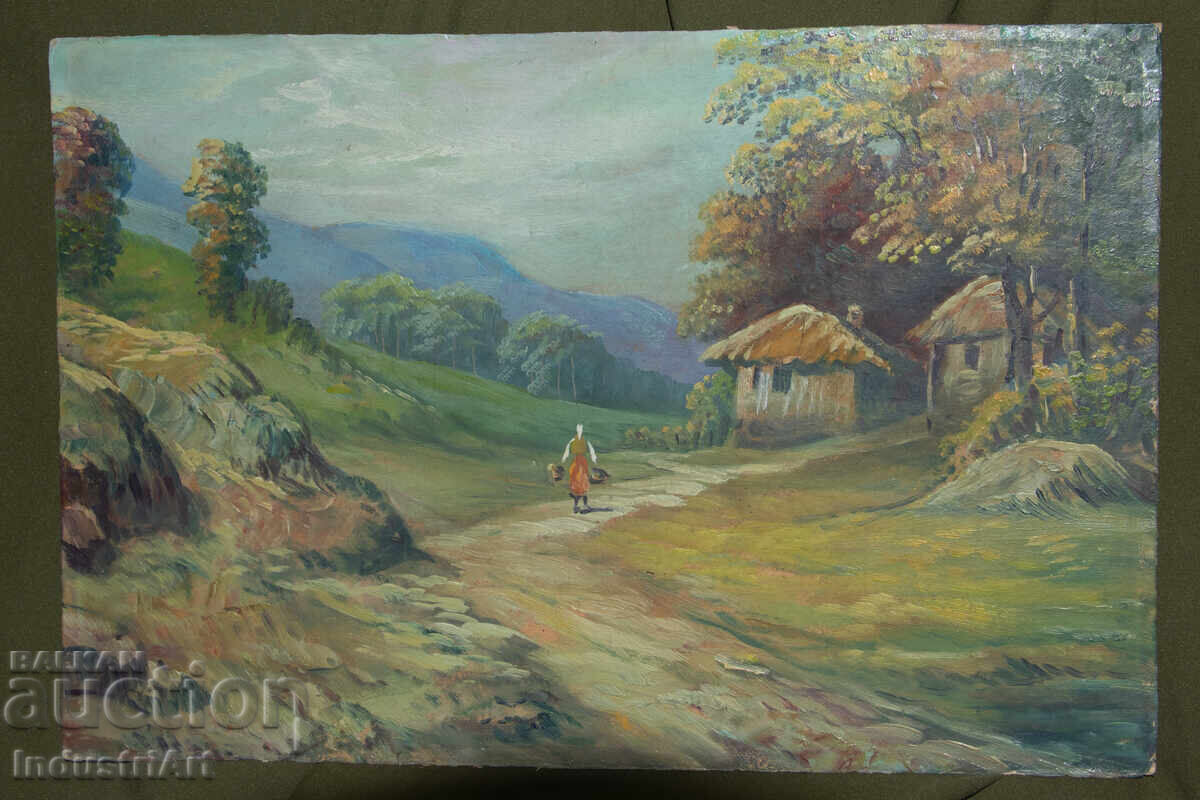 Old oil painting, genre scene, rural landscape, country road with price 220.00 BGN | € 112.48