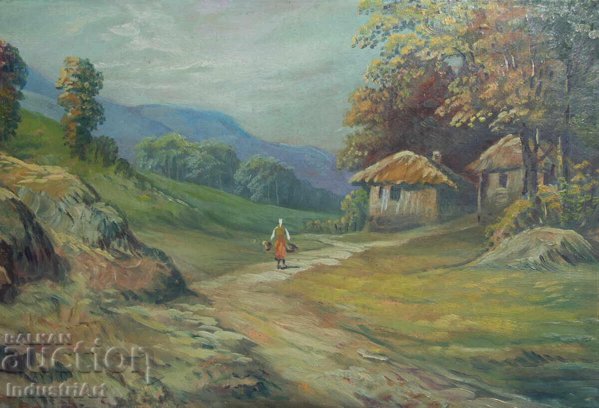 Auction  Old oil painting, genre scene, rural landscape, country road