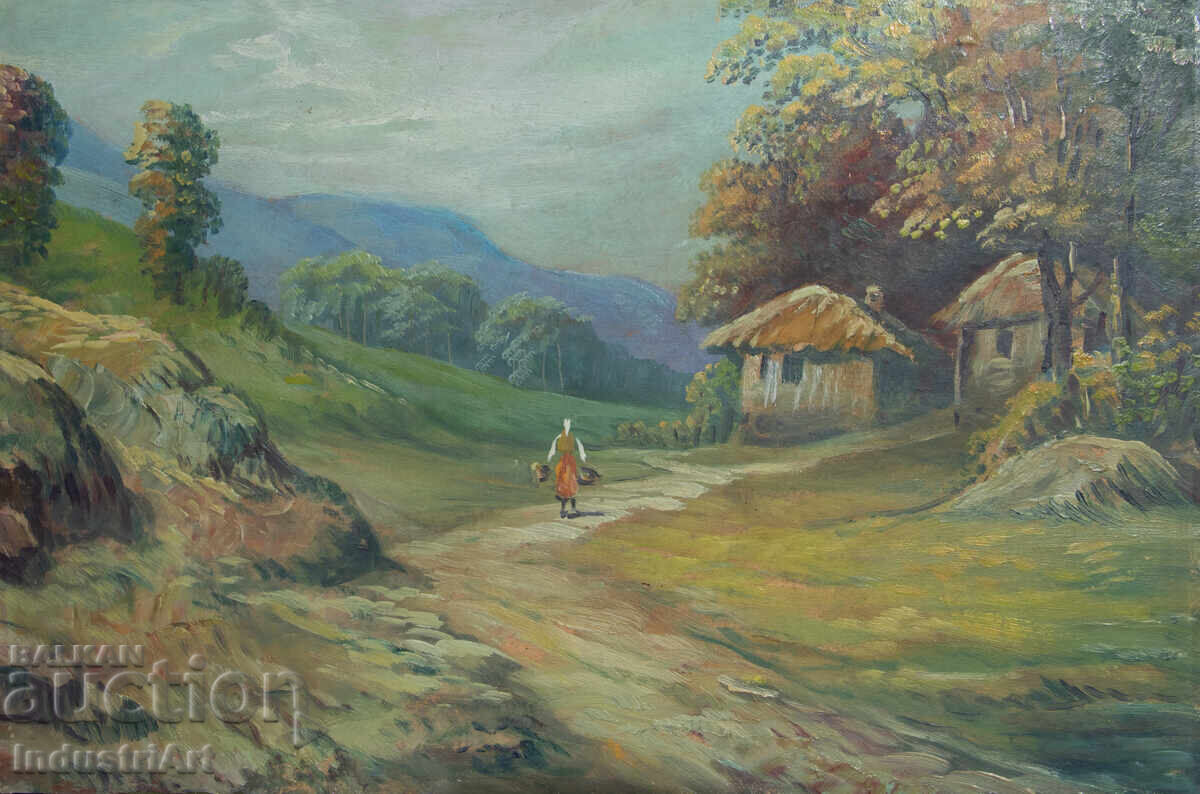 Delivery of Old oil painting, genre scene, rural landscape, country road