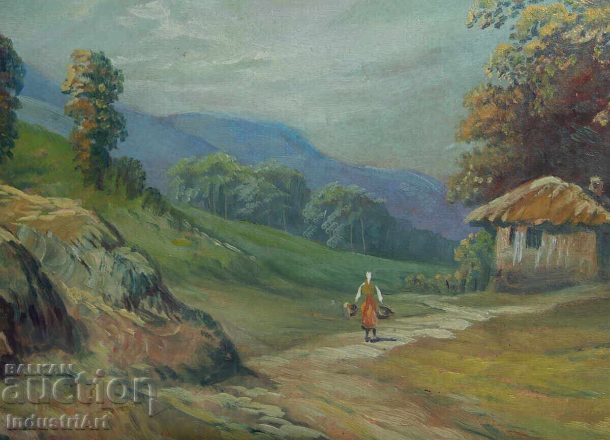 Old oil painting, genre scene, rural landscape, country road - 5