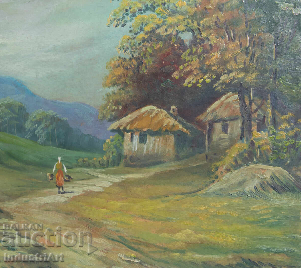 Old oil painting, genre scene, rural landscape, country road - 6
