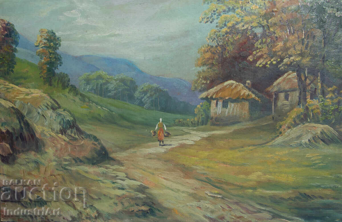 Old oil painting, genre scene, rural landscape, country road