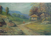 Old oil painting, genre scene, rural landscape, country road
