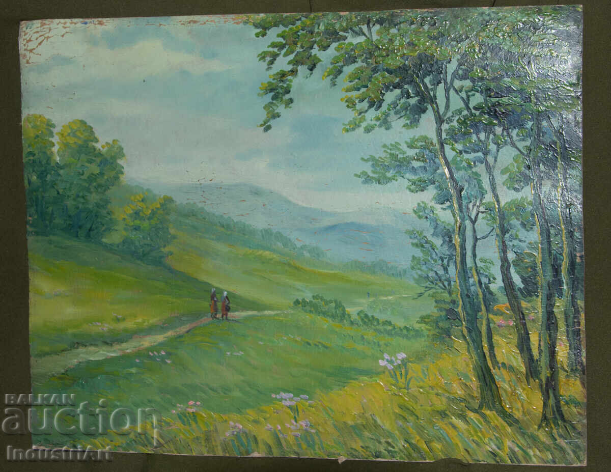 Old oil painting, genre scene, rural landscape, country road with price 180.00 BGN | € 92.03