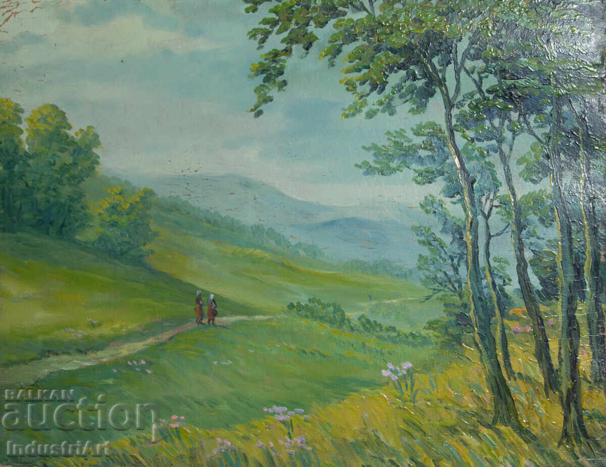 Auction  Old oil painting, genre scene, rural landscape, country road